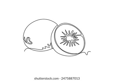 Dibujo continuo de una línea de kiwi orgánico sano en rodajas enteras y medias para identificar el logotipo del huerto. Concepto de fruta tropical fresca para el icono del jardín. Ilustración gráfica de Vector de diseño de línea simple