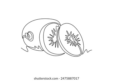 Continuous one line drawing of whole and sliced healthy organic kiwi for orchard logo identity. Fresh hairy fruitage concept for fruit garden icon. Single line draw design vector graphic illustration