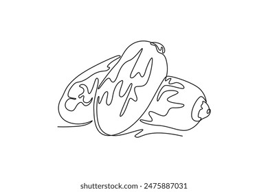 Continuous one line drawing of whole healthy organic sweet dates for orchard logo identity. Tropical Arabic fruitage concept for fruit garden icon. Single line draw design vector graphic illustration