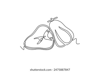 Continuous one line drawing whole and sliced healthy organic bell fruits for orchard logo identity. Fresh bellfruit concept for fruit garden icon. Single line draw design vector graphic illustration
