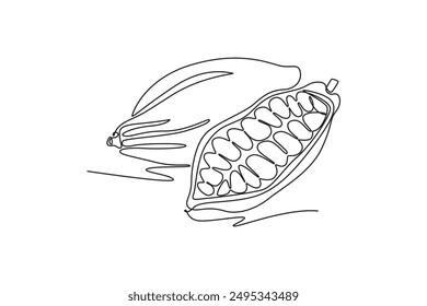 Continuous one line drawing whole healthy organic cocoa beans for plantation logo identity. Fresh cacao bean concept for chocolate drink shop icon. Single line draw design vector graphic illustration