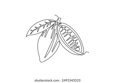 Dibujo continuo de una línea del grano de cacao orgánico entero sano para la identidad del logotipo de la plantación. Concepto de cacao fresco para el icono de la tienda de chocolate delicioso. Ilustración gráfica de Vector de diseño de línea simple