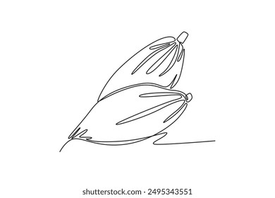 Continuous one line drawing of whole healthy organic cocoa bean for plantation logo identity. Fresh cacao concept for delicious chocolate shop icon. Single line draw design vector graphic illustration