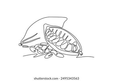 Dibujo continuo de una línea del grano de cacao orgánico entero sano para la identidad del logotipo de la plantación. Concepto de cacao fresco para el icono de la tienda de chocolate delicioso. Ilustración gráfica de Vector de diseño de línea simple