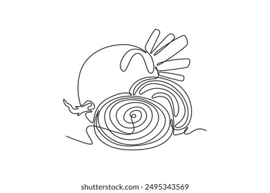 Continuous one line drawing whole and sliced healthy organic beetroot for plantation logo identity. Fresh garden beet plant concept for vegetable icon. Single line design vector graphic illustration