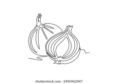 Continuous one line drawing whole and sliced healthy freshness organic bulb onion for farm logo identity. Fresh common onion concept vegetable icon. Single line draw design vector graphic illustration