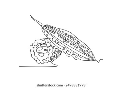 Continuous one line drawing whole and sliced healthy organic bitter gourd for garden logo identity. Fresh Indonesian pare concept for veggie icon. Single line draw design vector graphic illustration