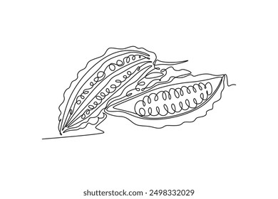 Continuous one line drawing whole and sliced healthy organic bitter gourd for garden logo identity. Fresh Indonesian pare concept for veggie icon. Single line draw design vector graphic illustration