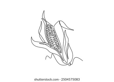 Continuous one line drawing whole peeled healthy organic corn crop for farm or field logo identity. Fresh maize concept for starchy vegetable icon. Single line draw design vector graphic illustration