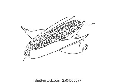 Continuous one line drawing whole and peeled healthy organic sweet corn crop for farm logo identity. Fresh maize concept for starchy vegetable icon. Single line draw design vector graphic illustration