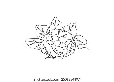 Kontinuierliche einzeilige Zeichnung von ganzen gesunden organischen Blumenkohl für die Ernte Logo Identität. Frische brassica oleracea Konzept für Gemüse-Ikone. Vektorgrafik mit einfarbiger Zeichnung