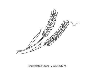 Uma linha contínua desenhando grãos de trigo orgânico inteiro saudável para identidade do logotipo de fazenda ou mantimentos. Conceito de alimento básico fresco para ícone de cereal de café da manhã. Ilustração gráfica vetorial de design de linha única