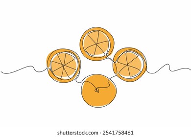 Continua una línea dibujando una naranja entera y tres piezas de naranja. Cumplir con la ingesta diaria de vitamina C. Frescura durante el verano. Día Nacional de la Vitamina C. Ilustración vectorial de diseño de dibujo de línea única