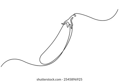 Continuous one line drawing whole healthy organic eggplant for harvesting logo identity. Fresh tropical perennial plant concept for vegetable icon. Continuous line drawing eggplant illustration