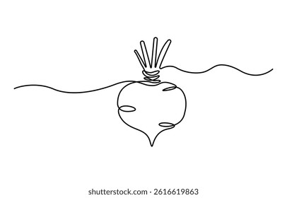 Continuous one line drawing of whole healthy organic red radish for farm logo identity. Fresh crop concept for edible root vegetable icon.