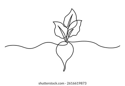 Continuous one line drawing of whole healthy organic red radish for farm logo identity. Fresh crop concept for edible root vegetable icon.
