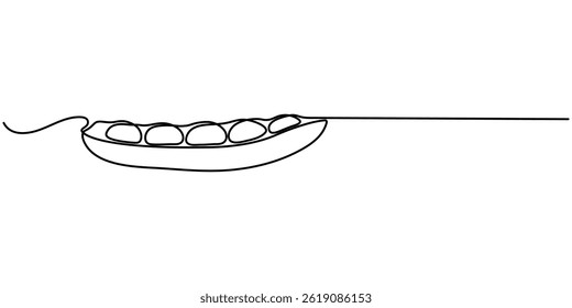Continuous one line drawing of whole healthy organic pea for harvesting logo identity. Fresh seed pod of sativum concept vegetable icon. Single line draw design vector graphic illustration.