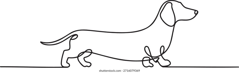 Dibujo continuo de una línea de perfil lateral de pie de perro wiener vista de perfil de perro canino doméstico raza de mamíferos concepto de compañerismo animal boceto minimalista simple elemento gráfico de Ilustración vectorial aislado diseño de lealtad de mascotas.