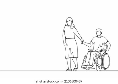 Continuous one line drawing wife walk the park with disabled husband, man on wheelchair. Assistance in rehabilitation of disabled person. Lovely couple. Single line design vector graphic illustration