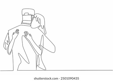 Continuous one line drawing wife hugs her husband who is soldier. Releasing the longing after serving on the battlefield. Holiday. National Hug a G.I. Day. Single line draw design vector illustration