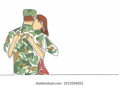 Durchgehend eine Linie Zeichnung Frau umarmt ihren Mann, der Soldat ist. Die Sehnsucht nach dem Dienst auf dem Schlachtfeld lösen. Feiertag. National Hug a G.I. Day. Vektorgrafik mit einfarbiger Zeichnung