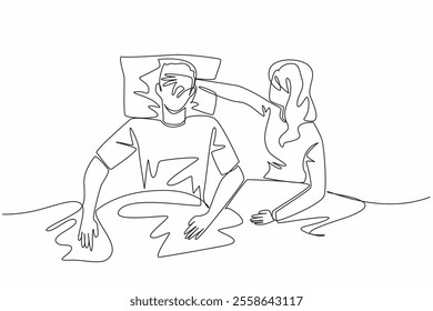 Continuous one line drawing wife covers nose of husband with hand. Wake up rudely. Disruption from husband every night. Loud snoring. Stop Snoring Week. Single line draw design vector illustration