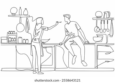 Continuous one line drawing the wife cooking at the stove and feeding her husband food. Cooking favorite food of husband. Tasty. Husband Appreciation Day. Single line draw design vector illustration