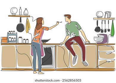 Continuous one line drawing the wife cooking at the stove and feeding her husband food. Cooking favorite food of husband. Tasty. Husband Appreciation Day. Single line draw design vector illustration