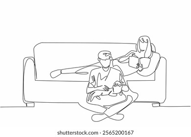 Continuous one line drawing wife lying on the sofa reading a book. Relax on the weekend by doing a fun hobby. Increase knowledge. National Pet Parents Day. Single line draw design vector illustration