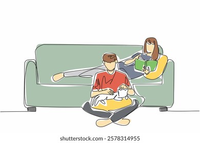 Continuous one line drawing wife lying on the sofa reading a book. Relax on the weekend by doing a fun hobby. Increase knowledge. National Pet Parents Day. Single line draw design vector illustration