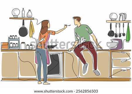 Continuous one line drawing the wife cooking at the stove and feeding her husband food. Cooking favorite food of husband. Tasty. Husband Appreciation Day. Single line draw design vector illustration