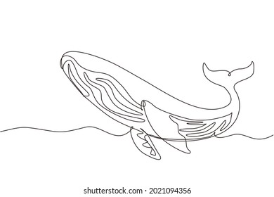 Continuous One Line Drawing Wild Whale Fish Swimming In Sea Life. Marine Animal Digital Concept. Blue Whale And Scuba Diver Under Ocean Water. Single Line Draw Design Vector Graphic Illustration