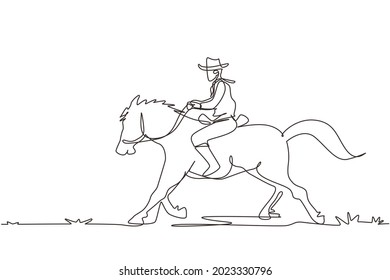 Continuous one line drawing the wild west and desert with cowboy riding horse. Mustang and person outdoor at sunset. Cowboy and horse icon or logo. Single line draw design vector graphic illustration