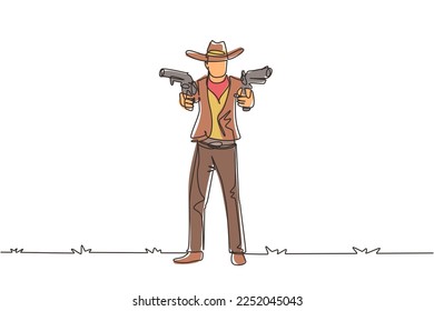 Una línea contínua dibujando al salvaje pistolero del oeste sosteniendo dos armas. Vaqueros estadounidenses apuntando dos pistolas en el desierto. Armas de autodefensa. ilustración vectorial de diseño de línea única
