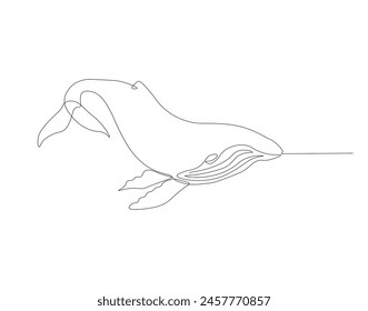 Continuous one line drawing wild blue whale fish. One line drawing illustration of blue whale fish. Marine animal concept continuous line art. Editable outline.