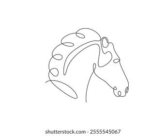 Continuous one line drawing of wild horse head. Stallion head single line art. Editable vector. 