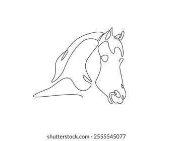 Continuous one line drawing of wild horse head. Stallion head single line art. Editable vector. 