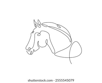 Continuous one line drawing of wild horse head. Stallion head single line art. Editable vector. 