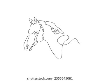 Continuous one line drawing of wild horse head. Stallion head single line art. Editable vector. 