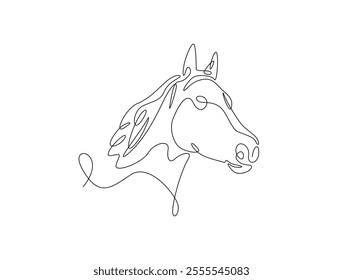 Continuous one line drawing of wild horse head. Stallion head single line art. Editable vector. 