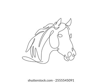 Continuous one line drawing of wild horse head. Stallion head single line art. Editable vector. 