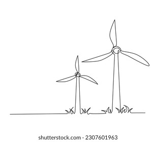 Continuous one line drawing of wind turbines power eco energy. Wind turbines power outline vector illustration. Editable stroke.
