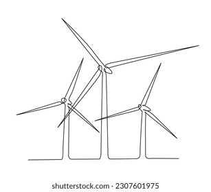 Continuous one line drawing of wind turbines power eco energy. Wind turbines power outline vector illustration. Editable stroke.