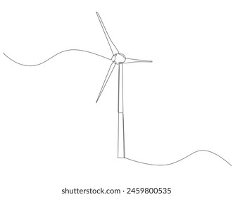Continuous one line drawing of wind turbine. One line drawing illustration of windmill energy. Generator machine concept continuous line art. Editable outline.
