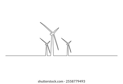 Continuous one line drawing of wind turbine. One line drawing illustration of windmill energy, A single line drawing of a wind turbine, wind power, windmill tower, a black line illustration.