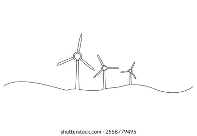 Continuous one line drawing of wind turbine. One line drawing illustration of windmill energy, A single line drawing of a wind turbine, wind power, windmill tower, a black line illustration.