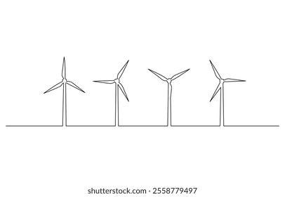 Continuous one line drawing of wind turbine. One line drawing illustration of windmill energy, A single line drawing of a wind turbine, wind power, windmill tower, a black line illustration.