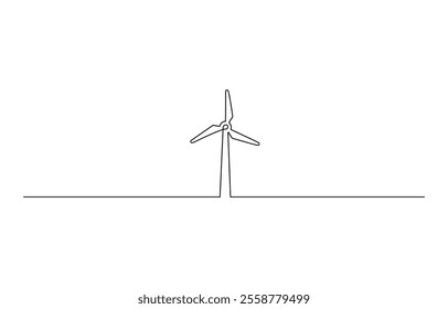 Continuous one line drawing of wind turbine. One line drawing illustration of windmill energy, A single line drawing of a wind turbine, wind power, windmill tower, a black line illustration.