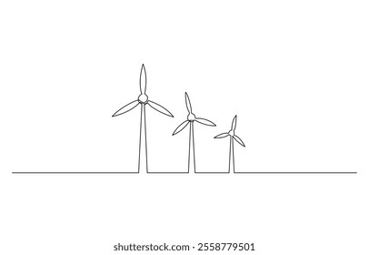 Continuous one line drawing of wind turbine. One line drawing illustration of windmill energy, A single line drawing of a wind turbine, wind power, windmill tower, a black line illustration.