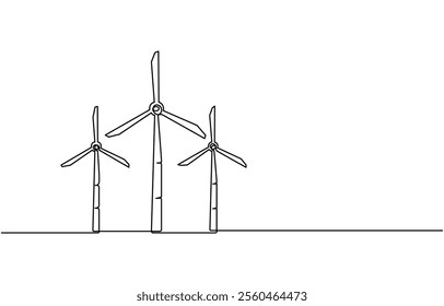 Continuous one line drawing of wind turbine. One line drawing illustration of windmill energy. Wind turbines in one continuous line drawing